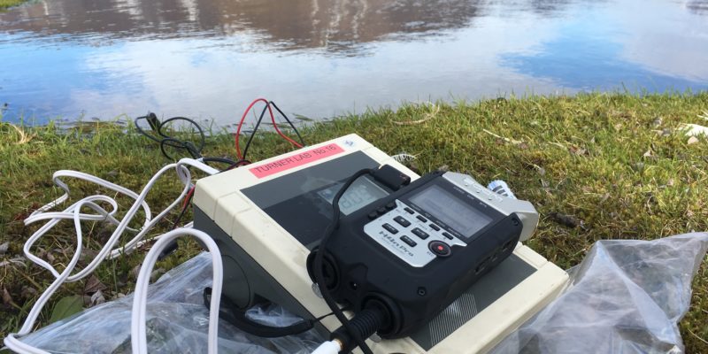 A PH meter laid on the ground at the side of a lake