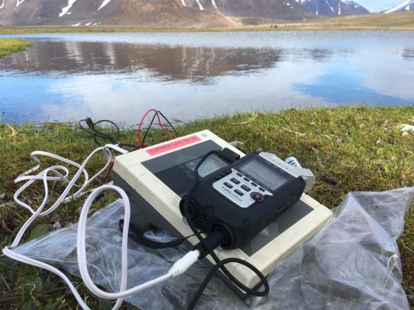 A PH meter laid on the ground at the side of a lake