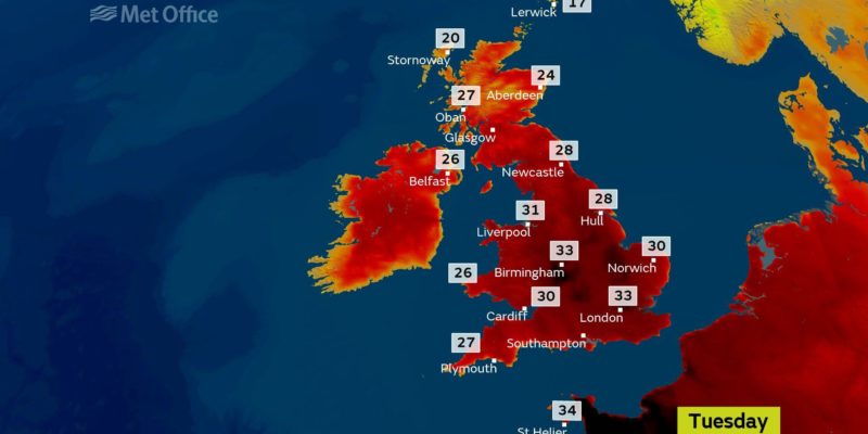 Weather image of the UK and northern Europe, showing very high temperatures
