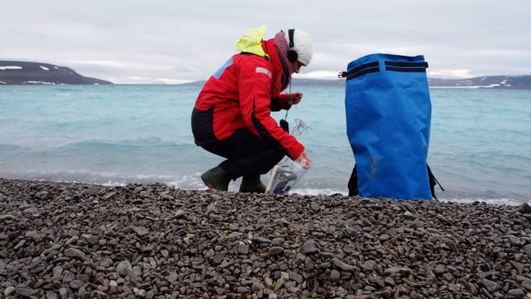 Person squatting on a pebbly beach putting samples into a bag
