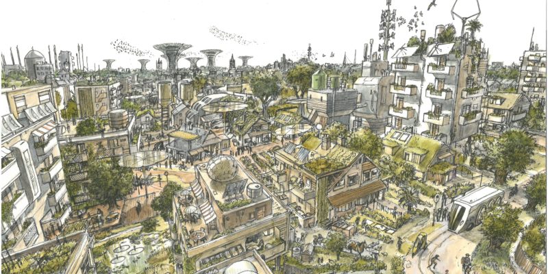 Drawing of a vision for a zero carbon city of the future