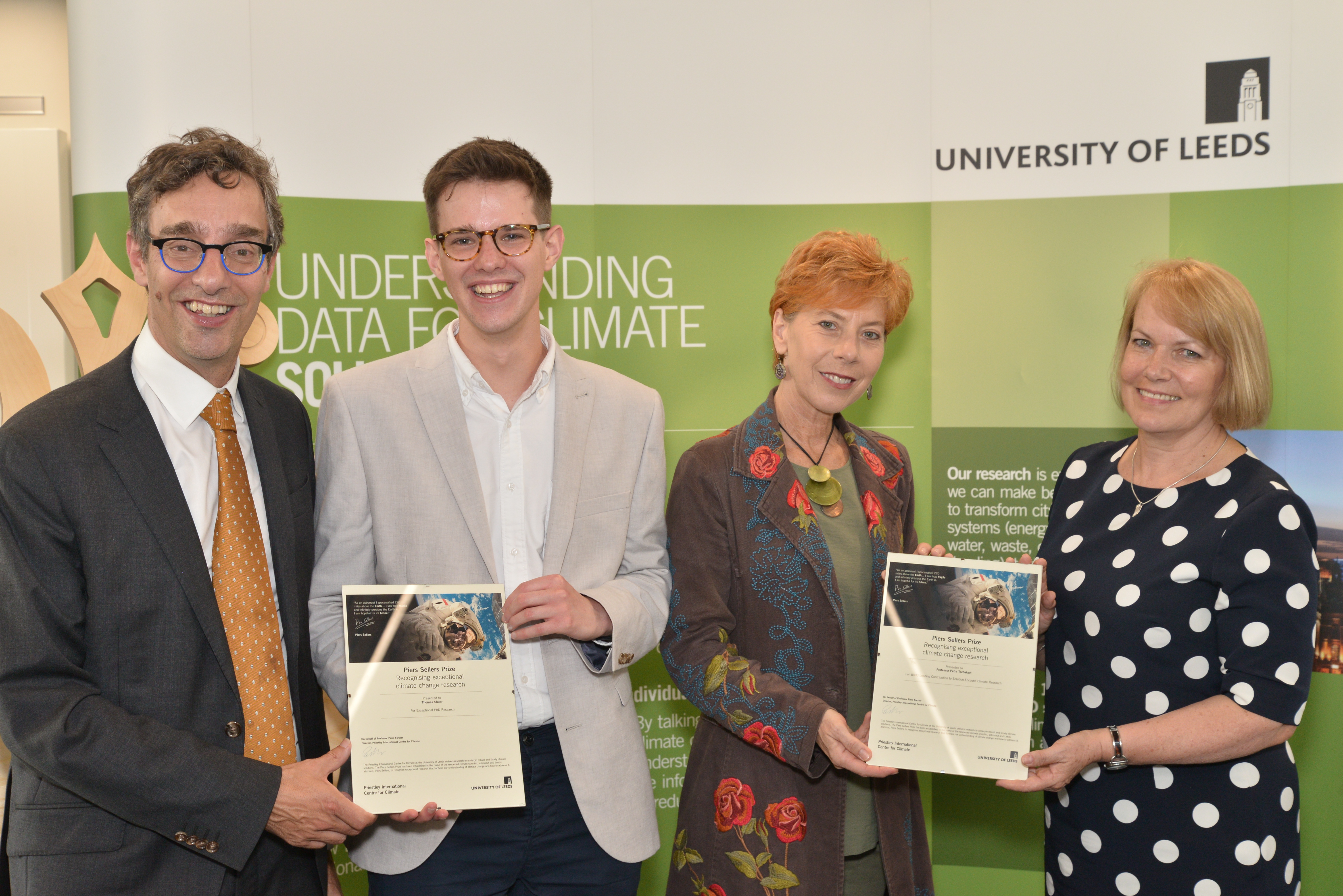 Image: Piers Sellers Prize-giving. Left to right: Director of the Priestley International centre for Climate, Professor Piers Forster; prize winner, Tom Slater; prize winner, Professor Petra Tschakert; University of Leeds Chancellor, Dame Professor Jane Francis. (Credit: Simon Miles)