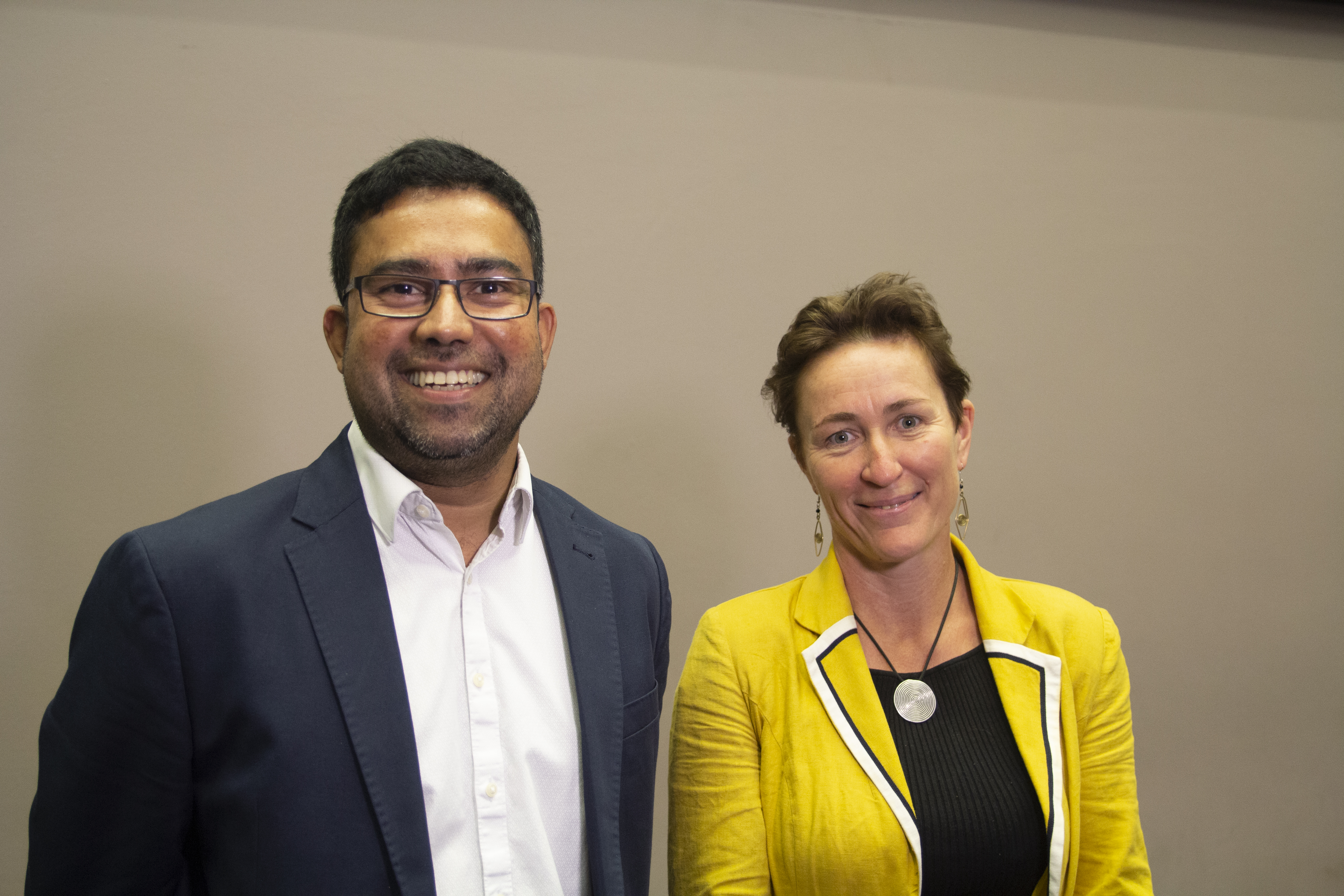 Head and shoulders shot of Suraje Dessai and Kate Lonsdale