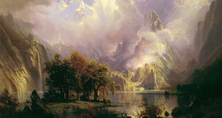 Painting of a rocky mountain landscape, with trees and vegetation in the foreground by Albert Bierstadt