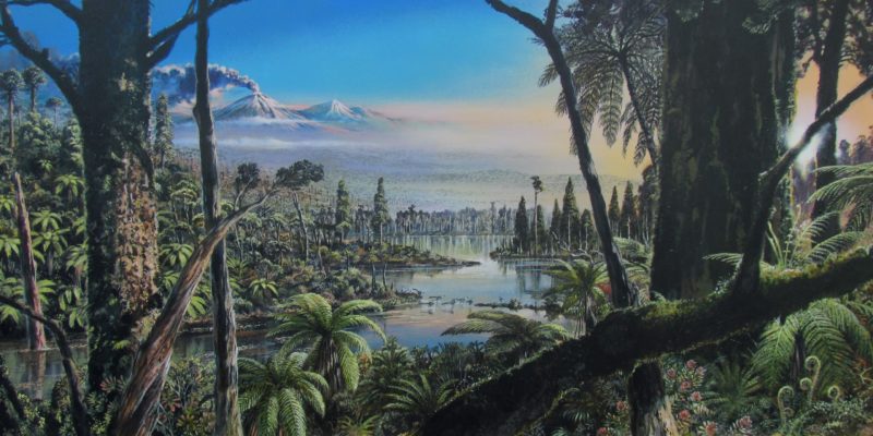 A painting of an ancient climate landscape, with lush forest, clear rivers and blue skies and a volcano erupting in the distance
