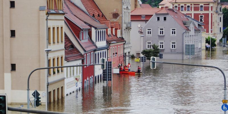 Pretty town in Germany under water with floods up to the ground floor windows