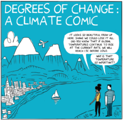 Title page of the "Degrees of Change" climate comic. Two people are stood overlooking a river, city and mountains. One person says "It looks so beautiful from up here. Shame we could lose it all. Did you know that if global temperatures continue to rise at the current rate, we will reach 1.5C before 2040." The other person responds "Why is that temperature so important?"