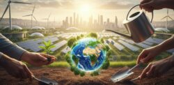 Planet earth being watered and cared for amid a utopia-esque backdrop of green energy and growing crops