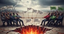 AI generated image of people doing a tug of war with a rope over a firey opening in the ground. 