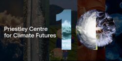 Priestley Centre for Climate Futures logo with '10' next to it. The numbers have a wave and a cyclone and a dandelion in